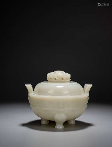 A WHITE JADE CARVED 'TAOTIE' CENSER AND COVER