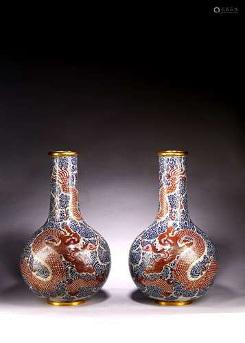 A PAIR OF LARGE CLOISONNE ENAMEL 'DRAGON' GLOBULAR VASES