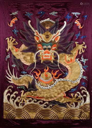 AN EMBROIDERED SILK DRAGON HANGING PANEL