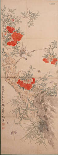 A COLOR AND INK ON PAPER 'BIRD & FLOWER' PAINTING, MA YUANYU