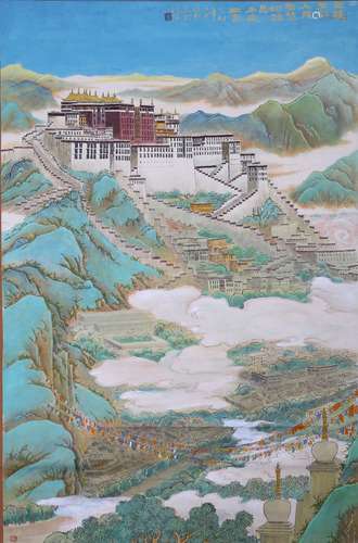 A COLOR AND INK ON PAPER 'POTALA PALACE' PAINTING