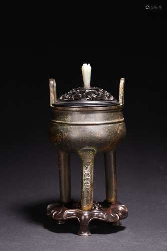 A BRONZE TRIPOD CENSER WITH HARDWOOD COVER & STAND