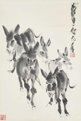 AN INK ON PAPER 'DONKEYS' PAINTING, HUANG ZHOU