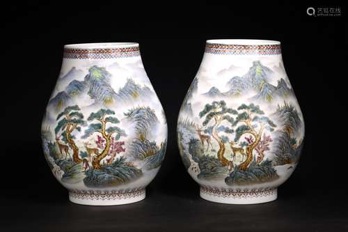 A PAIR OF LARGE CHINESE 'LANDSCAPE' HU VASES