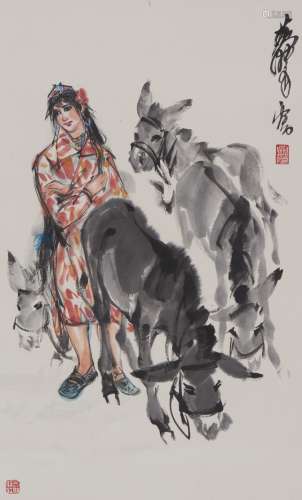 COLOR AND INK ON PAPER 'LADY AND DONKEY', HUANG ZHOU
