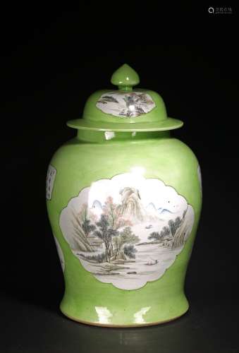 LARGE CHINESE GREEN GLAZED FAMILLE ROSE LANDSCAPE & POEM JAR