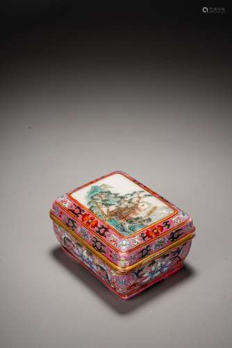 A CHINESE RED GLAZED FAMILLE ROSE LANDSCAPE BOX