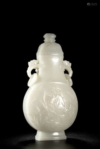 A LARGE CHINESE WHITE JADE CARVED 'LOTUS POND' VASE