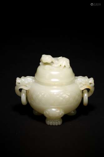 A CHINESE WHITE JADE TRIPOD CENSER WITH COVER