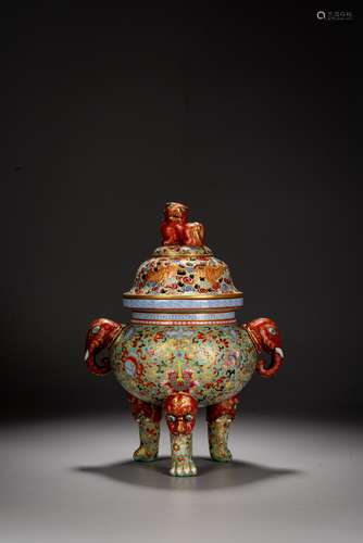 A CHINESE FAMILLE ROSE TURQUOISE GROUND TRIPOD CENSER