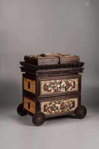 A CHINESE ZITAN INLAID 'CART' SCHOLAR'S BOX