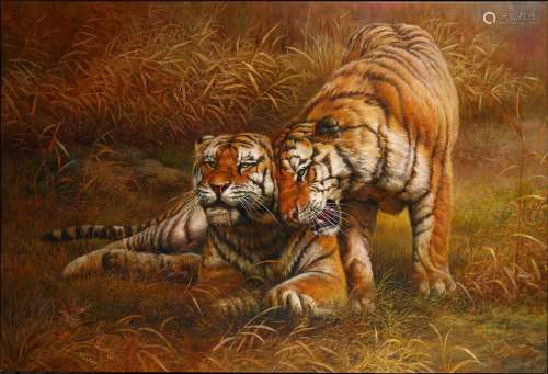 ZHENG MING: OIL ON CANVAS 'LOVE OF TIGERS' PAINTING