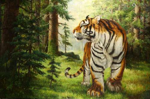 ZHENG MING: OIL ON CANVAS 'TIGER' PAINTING.