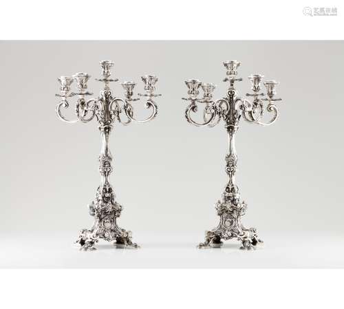 A pair of large five branch candelabra