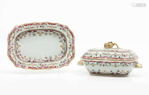 Small tureen with cover and scalloped tray