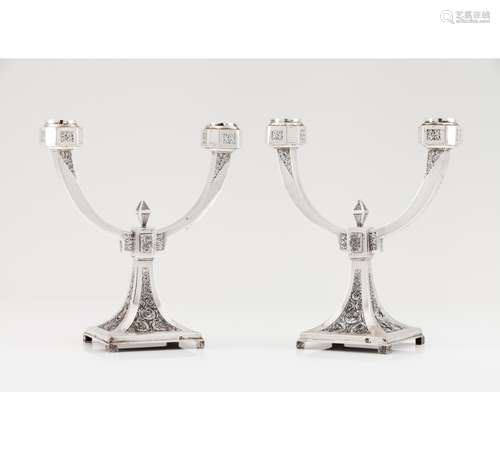 A pair of two branch Art Deco candelabra