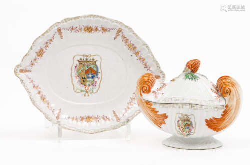 An armorial sauce tureen with cover and tray