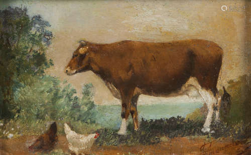 Tomás da Anunciação (1818-1879)A landscape with cow and chicken