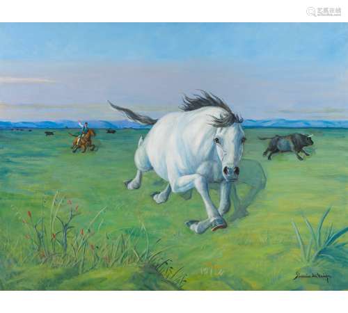 Simão da Veiga (1879-1963)A landscape with horseman, horses and bulls