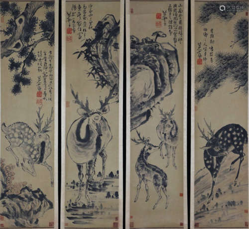 4 Pieces Chinese Lucky Deer Paintings, Ba Da Shanren Mark