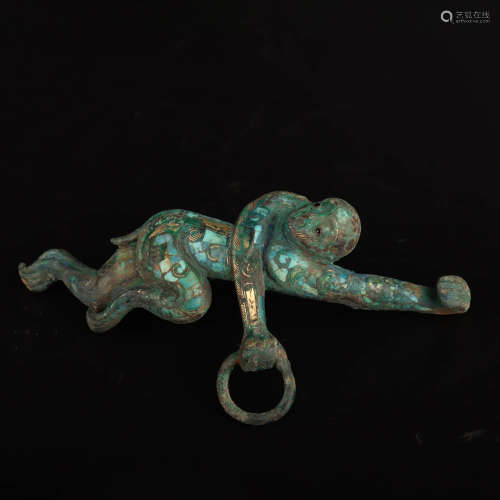 A Kallaite Inlaid Bronze Gold and Silver Inlaid Monkey Shaped Belt Hook