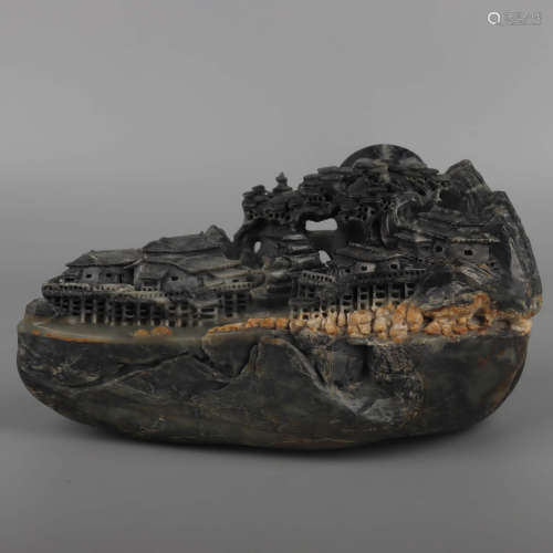 A Hetian Jade Carved Mountain Pavilions Ornament