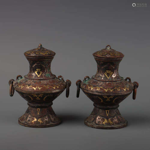 A Gold and Silver Inlaying Bronze Double Ears Pot with Cover