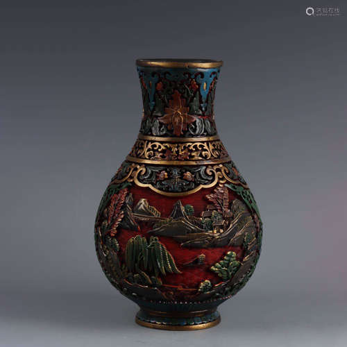 A Gild Lacquerware Bronze Landscape Colored Drawing Vase