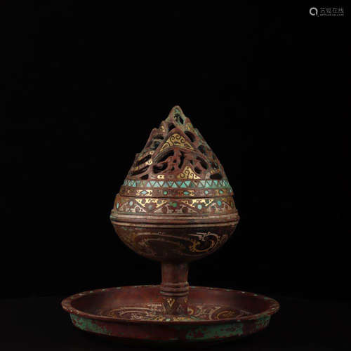 A Gold and Silver Inlaying Bronze Incense Burner Kallaite Inlaid