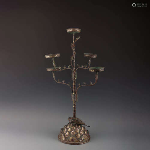 A Gold and Silver Inlaying Bronze Lotus-shaped Lamp