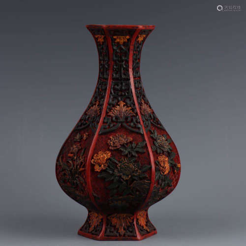A Lacquerware Gilt Relief Hexagon Vase