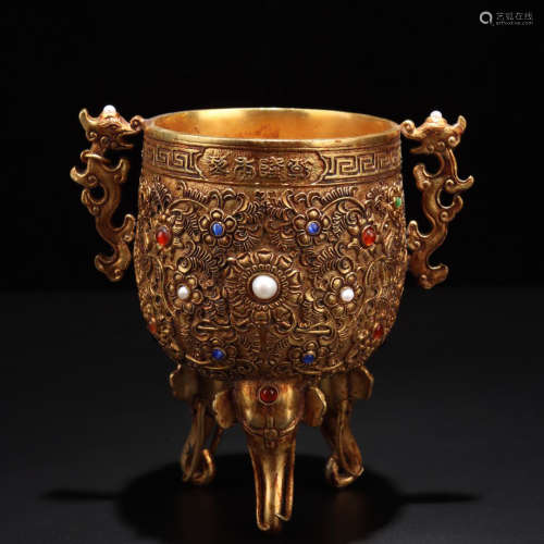 A Gem Inlaid Gild Double Ears Bronze Standing Cup