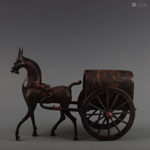A Gild Lacquerware Bronze Horse-drawn Cart Ornament
