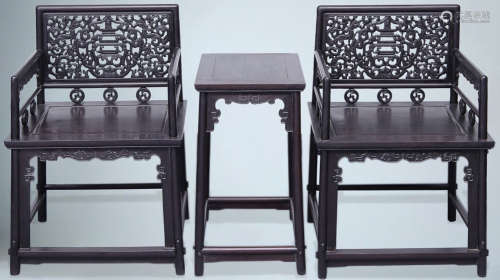 PAIR OF ZITAN WOOD TABLE&CHAIRS HOLLOW CARVED
