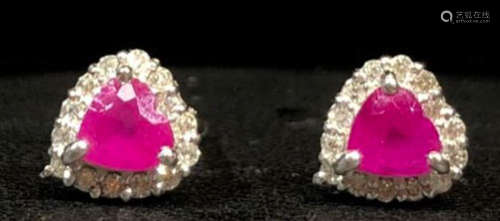 PAIR OF 18K GOLD RUBY DIAMOND EARRINGS