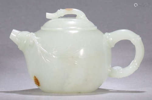 A HETIAN JADE CARVED BAMBOO PATTERN TEAPOT