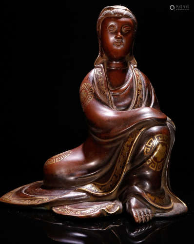 A COPPER GUANYIN BUDDHA STATUE EMBEDDED WITH GOLD