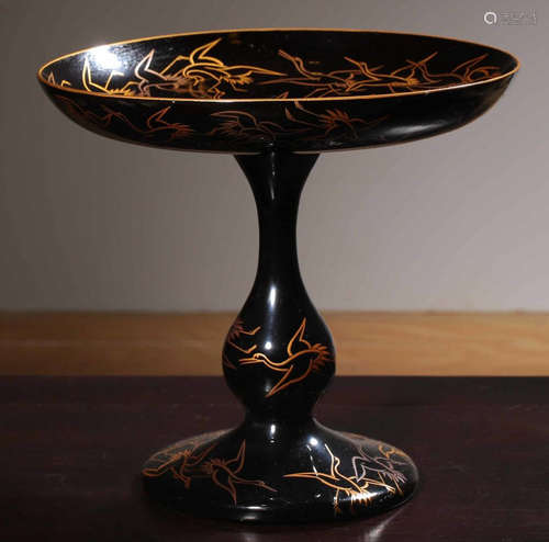 A BLACK LACQUER CRANE PATTERN HIGH STEM BOWL