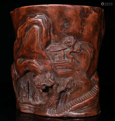 A CHENXIANG WOOD LANDSCAPE PATTERN BRUSH POT