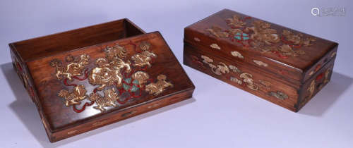 PAIR OF HUALI WOOD LION PATTERN BOXES WITH GEM