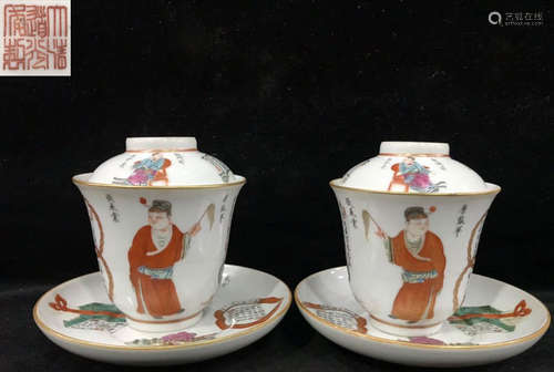 PAIR FAMILLE ROSE GLAZE FIGURE PATTERN CUPS&SAUCERS