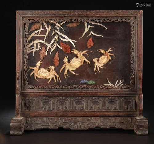 A ZITAN WOOD LACQUER BIRD PATTERN SCREEN WITH GEM