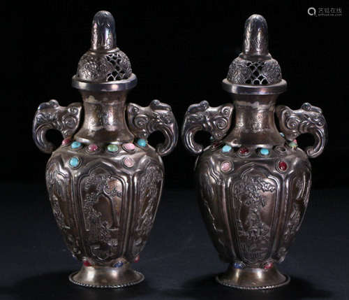 PAIR OF SILVER CASTED FIGURE PATTERN CENSERS WITH GEM