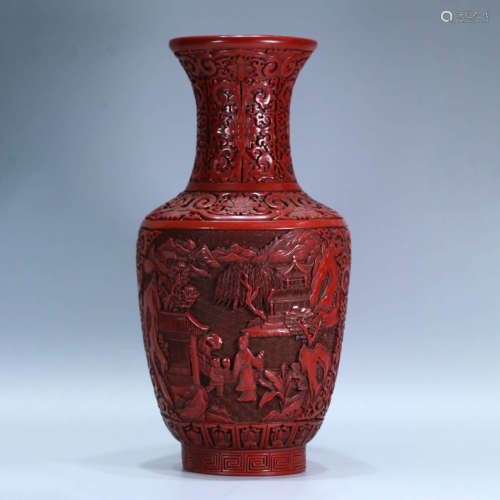 A FLORAL CARVED RED LACQUERWARE VASE