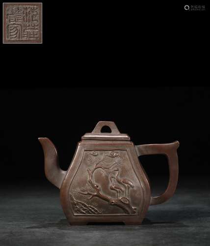 YIXING ZISHA OPEN MEDALLION 'PINE TREE AND CRANES' TEAPOT