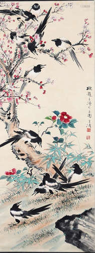 A CHINESE FLOWER AND BIRDS PAINTING SCROLL, WANG XUETAO MARK