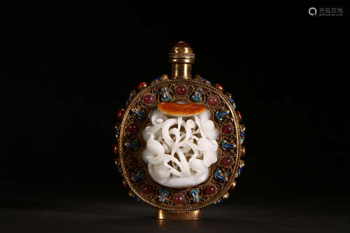 HETIAN JADE OPENWORK CARVED GEM INSET GOLD FILIGREE SNUFF BOTTLE