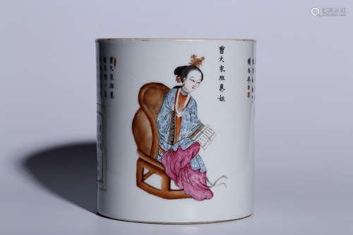 FAMILLE ROSE 'LADY AND WARRIOR' BRUSH POT