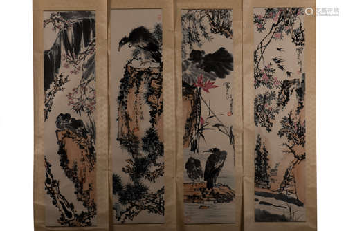 PAN TIANSHOU: SET OF FOUR INK AND COLOR ON PAPER PAINTINGS 'EAGLES'