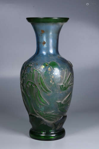 BLUE GLASS OVERLAY 'POND SCENERY' VASE